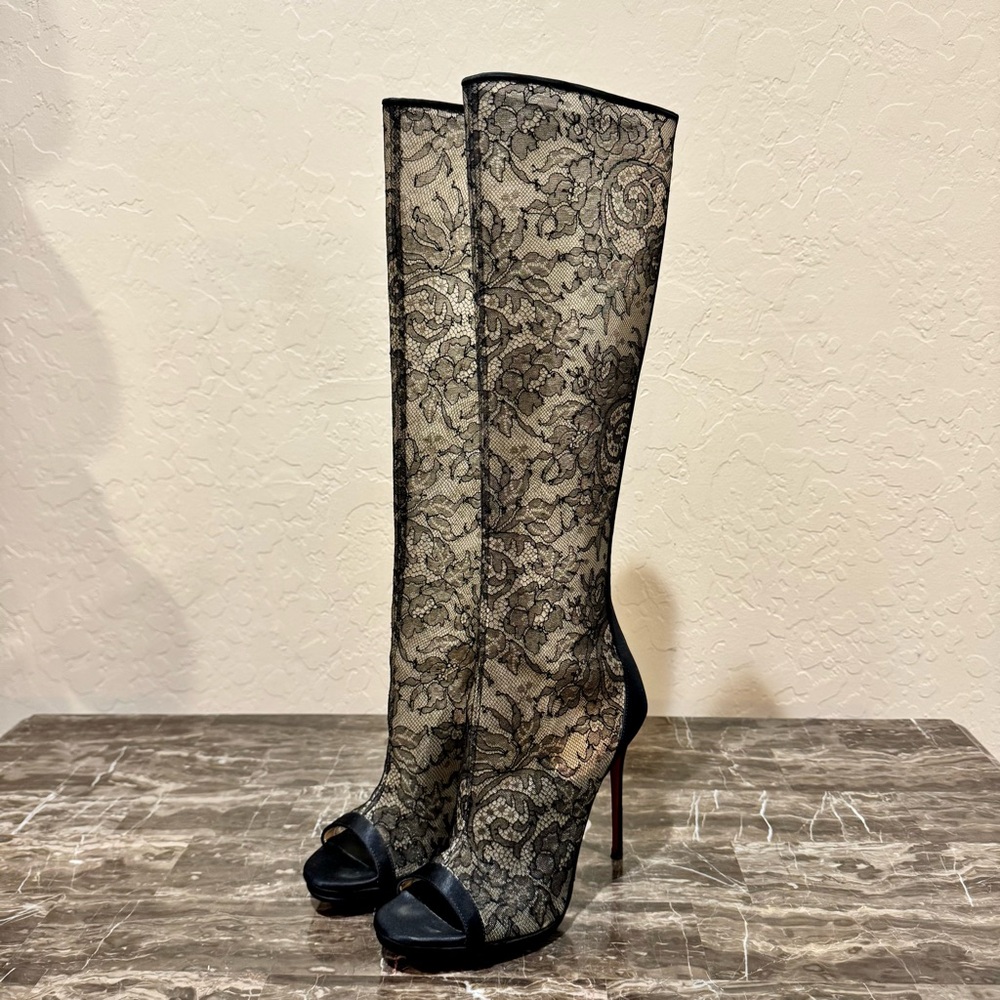 Christian Louboutin 20th Anniversary Black Satin/Lace Alta Dentelle 120 Boots